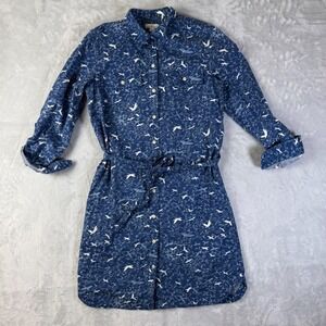 LL Bean Signature Blue Heron Bird Shirt Dress Small Roll Tab Sleeve July 4th